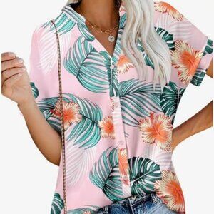 Magritta Ladies Pink Hawaiian V-Neck Button Up Short Sleeve Blouse-Size-XL-NIP